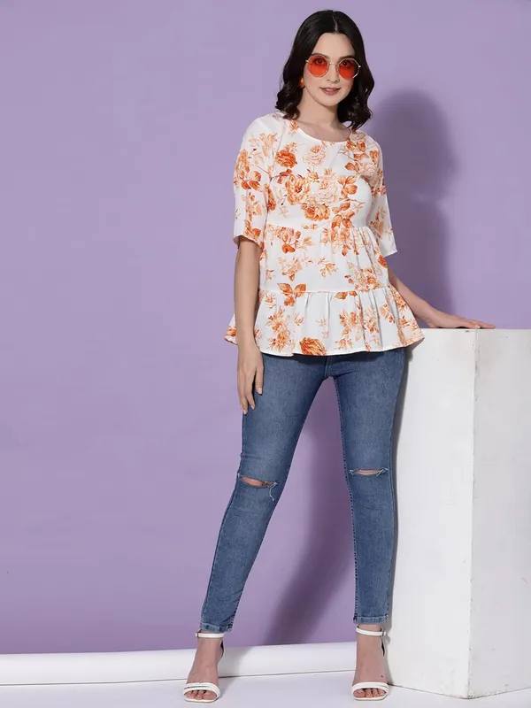 White_And_Orange_Womens_Floral_Printed_Top
