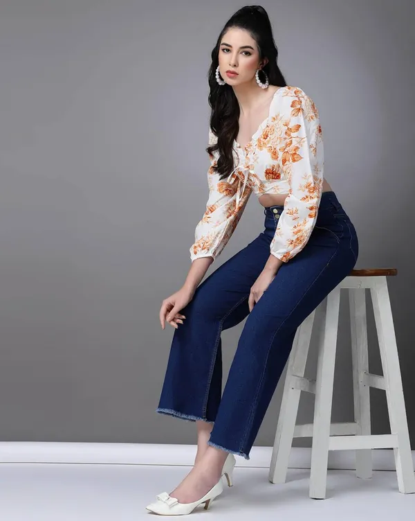 White_And_Orange_Women_Chiffon_Crop_Top