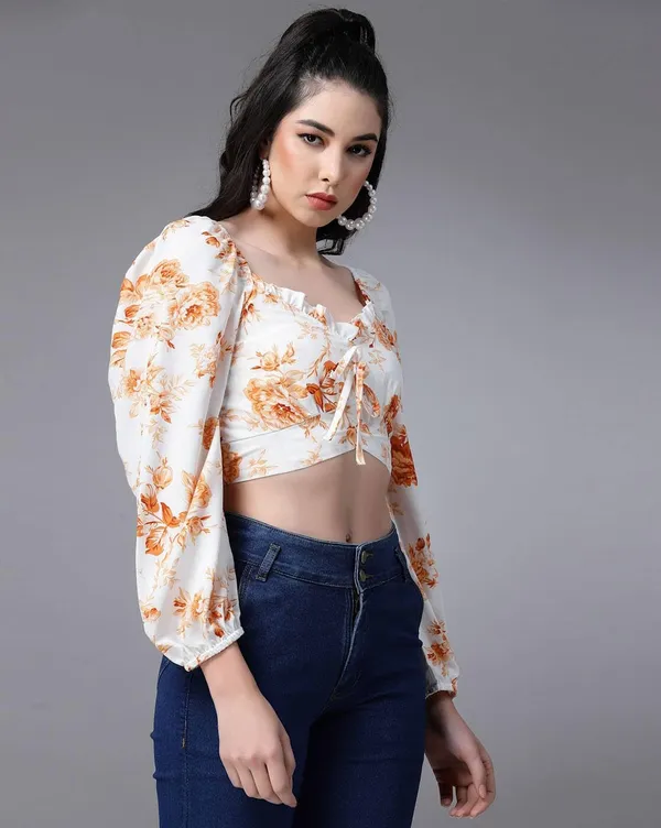 White_And_Orange_Women_Chiffon_Crop_Top