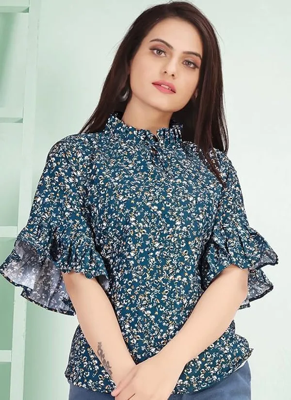 Teal_Green_Women_Top_With_Bow_Tie_Neck