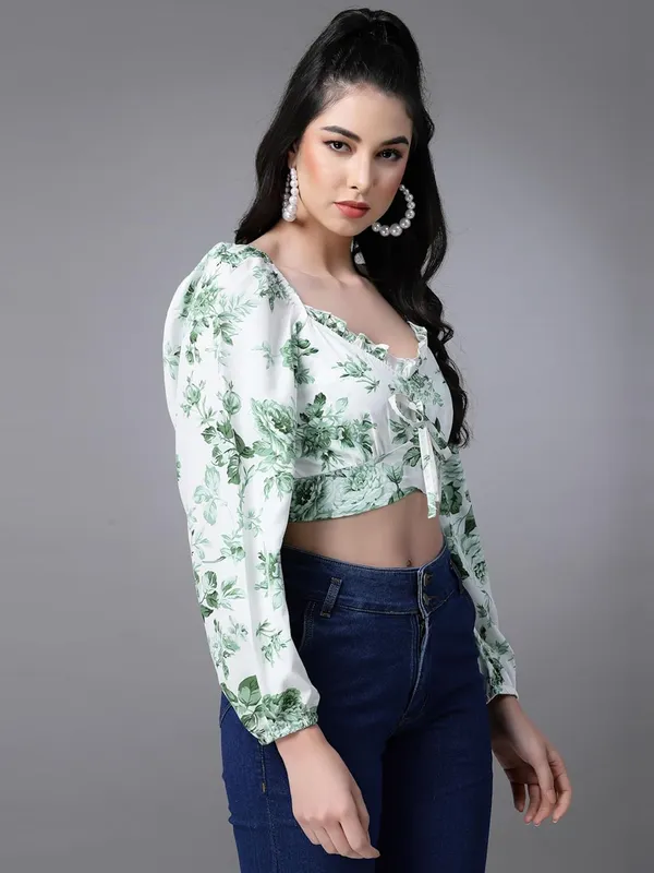 White_And_Green_Women_Chiffon_Crop_Top