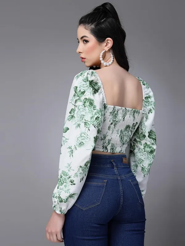 White_And_Green_Women_Chiffon_Crop_Top