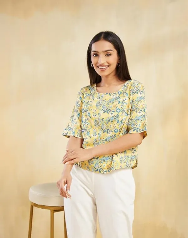 Yellow_Womens_Cotton_Blend_Peplum_Top