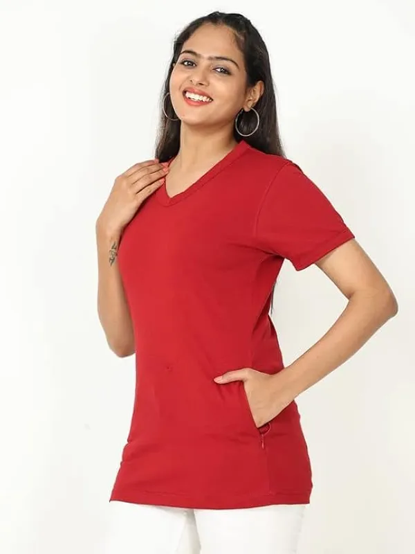 Red_Womans_V-Neck_Half_Sleeve_Maroon_T-Shirts_With_Side_Pocket_&_Zipper