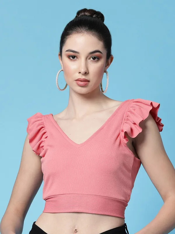 Pink_Womens_Polyester_Crop_Top_V_Neck