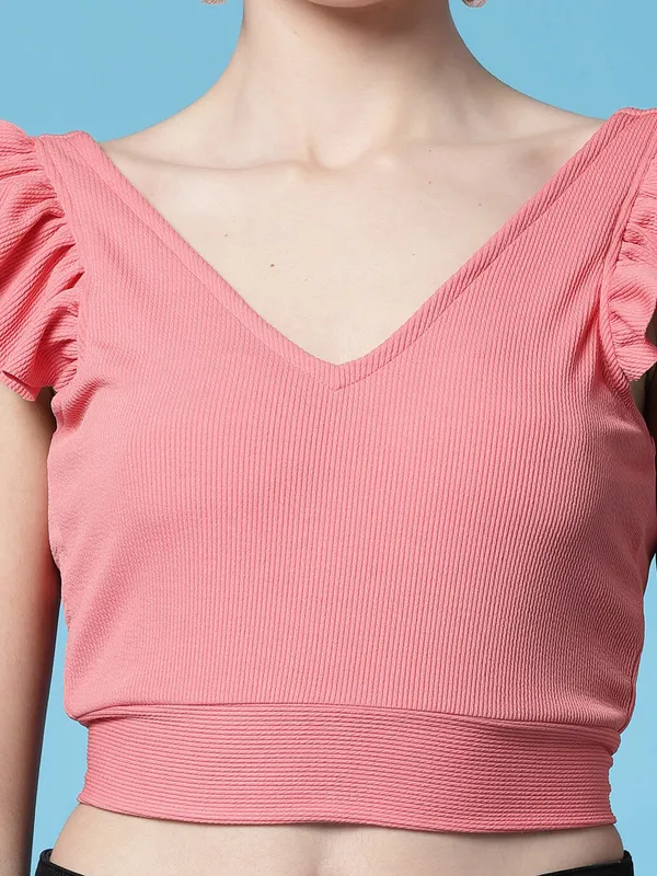 Pink_Womens_Polyester_Crop_Top_V_Neck
