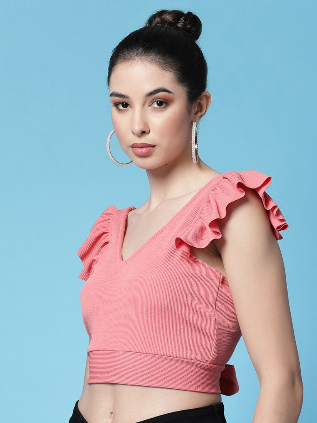 Pink_Womens_Polyester_Crop_Top_V_Neck