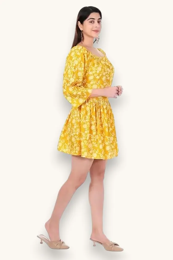 Mustard_Yellow_Womens_Floral_Printed_Thigh_Length_Dress