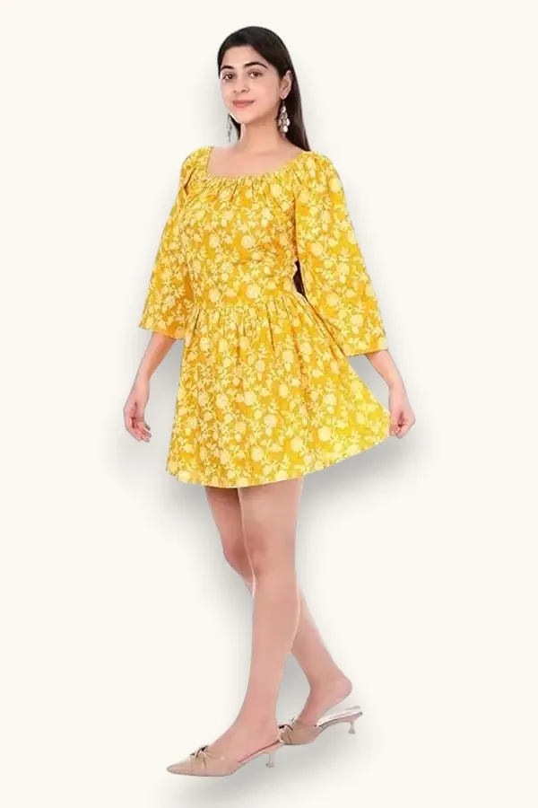 Mustard_Yellow_Womens_Floral_Printed_Thigh_Length_Dress