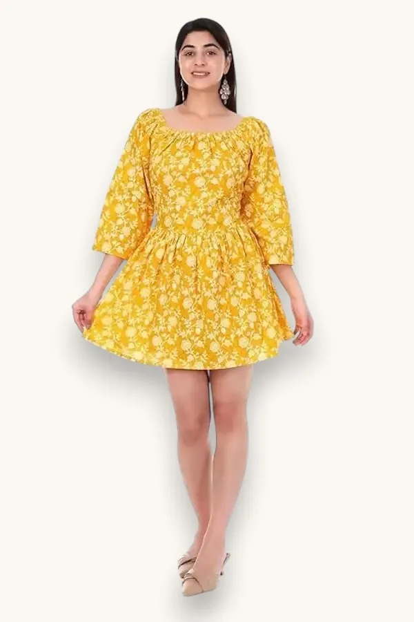 Mustard_Yellow_Womens_Floral_Printed_Thigh_Length_Dress