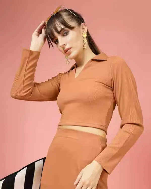 Almond_Brown_Womens_Ribbed_Collared_V_Neck_Crop_Top