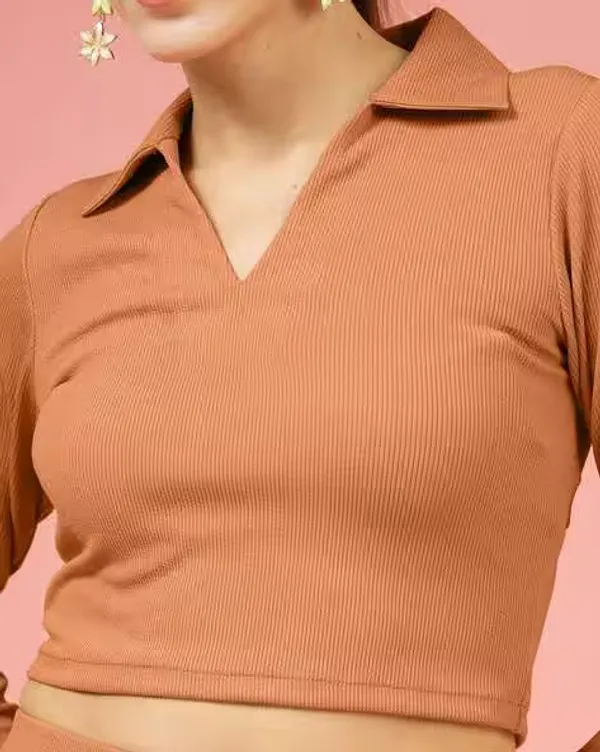 Almond_Brown_Womens_Ribbed_Collared_V_Neck_Crop_Top