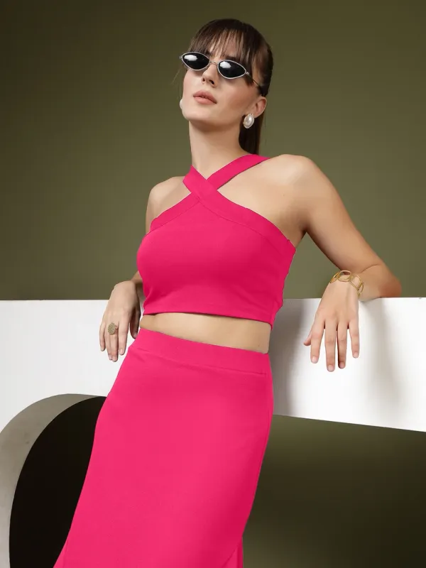Barbie_Pink_Womens_Halter_Neck_Crop_Top_And_A_Line_Skirt_Coord_Set