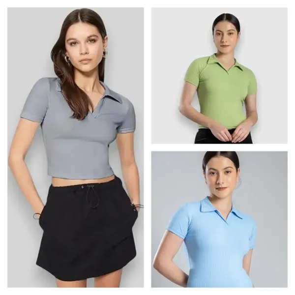 Blue,_Green_And_Grey_Womens_Ribbed_Collared_V_Neck_Crop_Top_-_Pack_Of_3