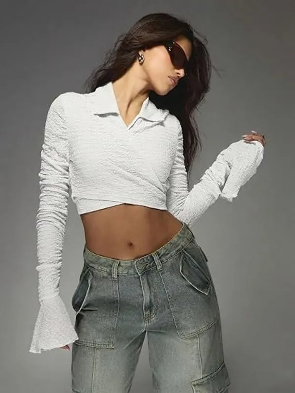 White_Women_Textured_Wrap_Crop_Top