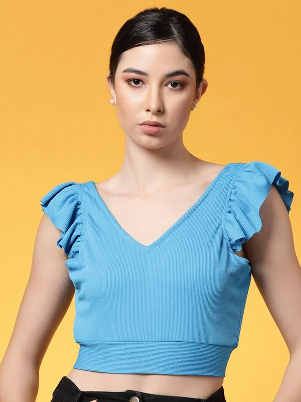 Blue_Womens_Polyester_Crop_Top_V_Neck