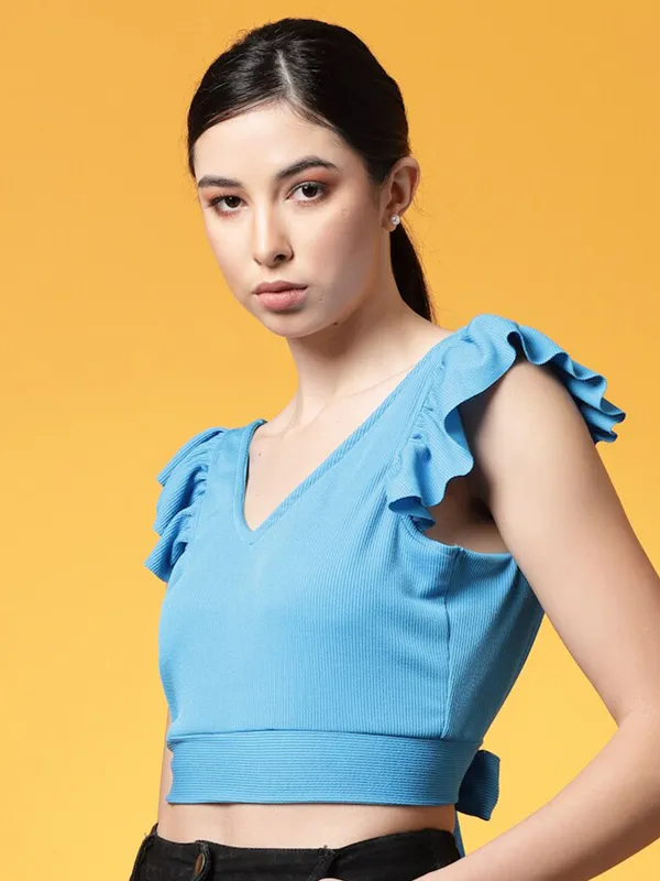 Blue_Womens_Polyester_Crop_Top_V_Neck