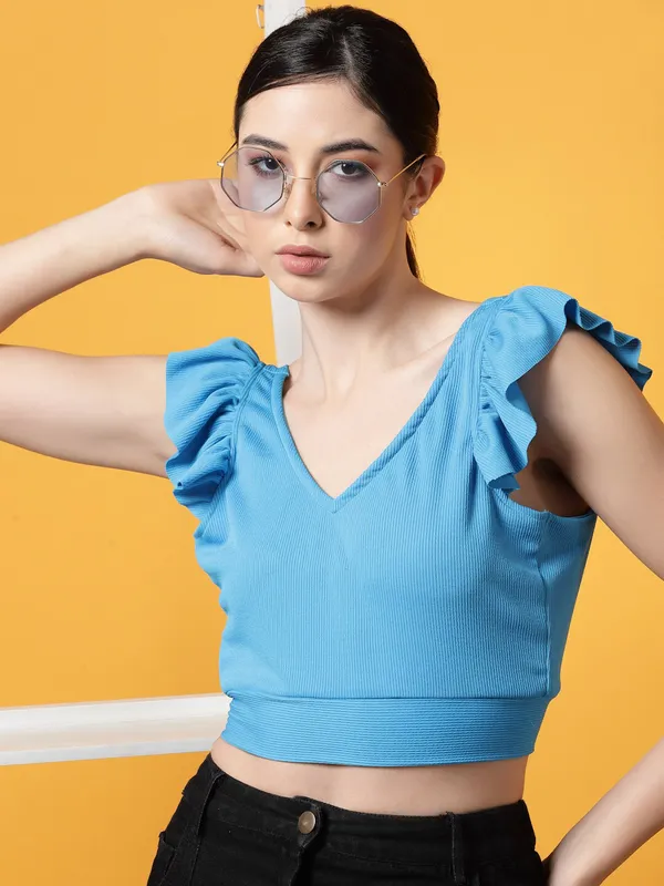 Blue_Womens_Polyester_Crop_Top_V_Neck