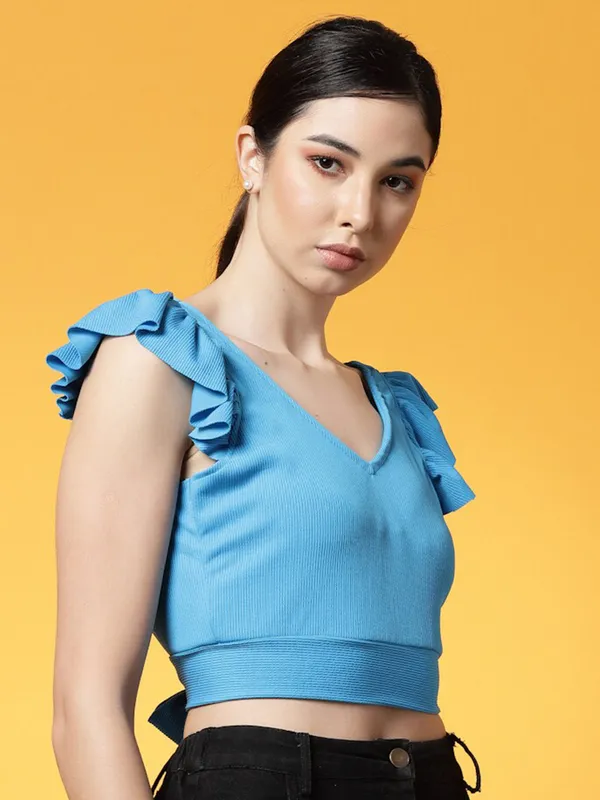 Blue_Womens_Polyester_Crop_Top_V_Neck