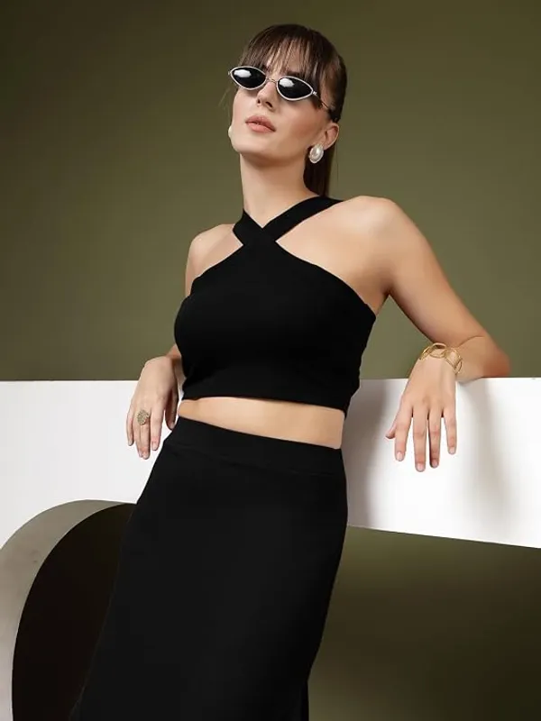Black_Womens_Halter_Neck_Crop_Top_And_A_Line_Skirt_Coord_Set