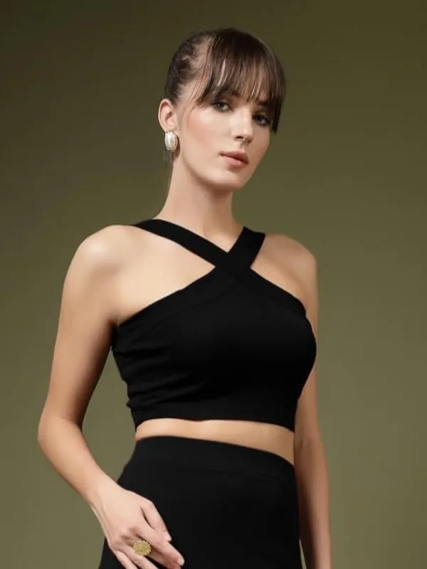 Black_Womens_Halter_Neck_Crop_Top_And_A_Line_Skirt_Coord_Set