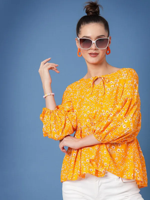 Yellow_Women_Floral_Print_Peplum_V_Neck_Tunic_Top