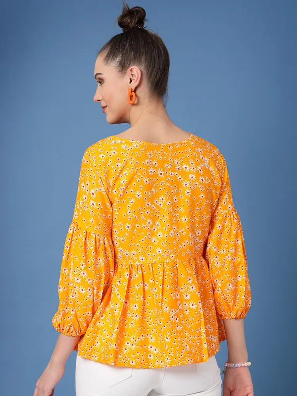 Yellow_Women_Floral_Print_Peplum_V_Neck_Tunic_Top