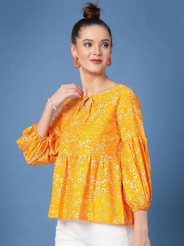 Yellow_Women_Floral_Print_Peplum_V_Neck_Tunic_Top