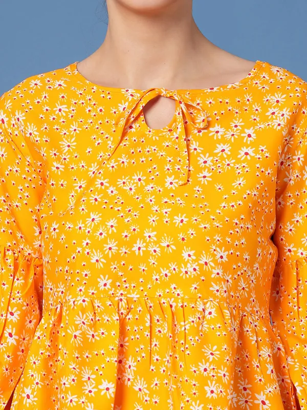 Yellow_Women_Floral_Print_Peplum_V_Neck_Tunic_Top