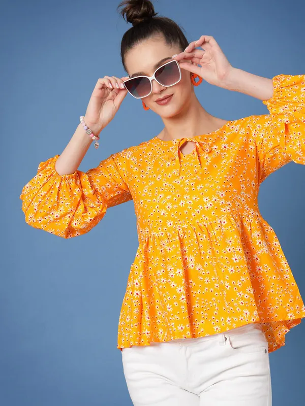 Yellow_Women_Floral_Print_Peplum_V_Neck_Tunic_Top