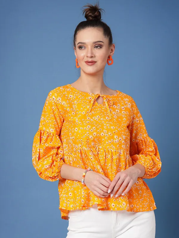 Yellow_Women_Floral_Print_Peplum_V_Neck_Tunic_Top