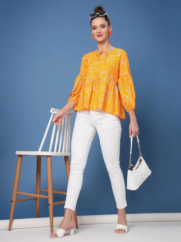 Yellow_Women_Floral_Print_Peplum_V_Neck_Tunic_Top