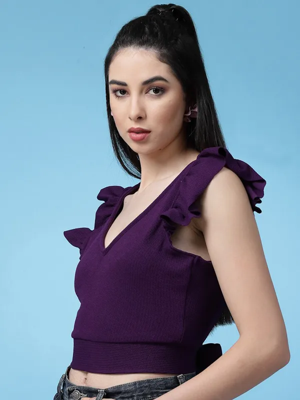 Purple_Womens_Polyester_Crop_Top_V_Neck