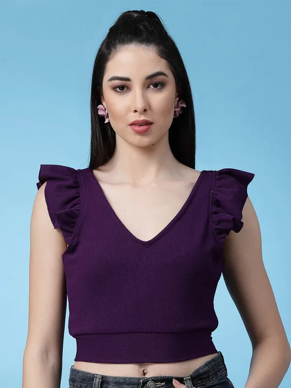 Purple_Womens_Polyester_Crop_Top_V_Neck