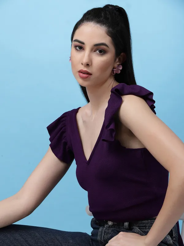 Purple_Womens_Polyester_Crop_Top_V_Neck