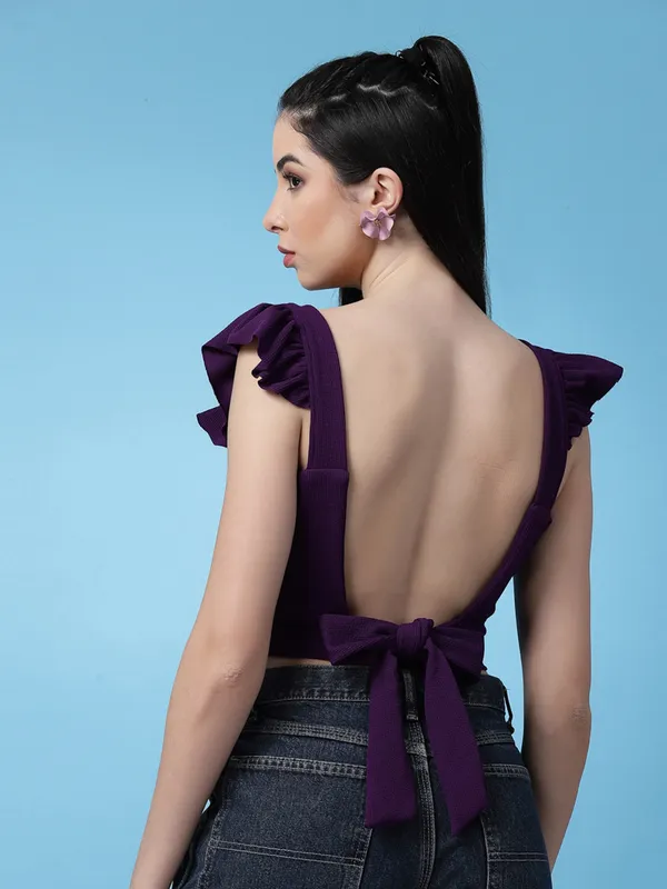 Purple_Womens_Polyester_Crop_Top_V_Neck