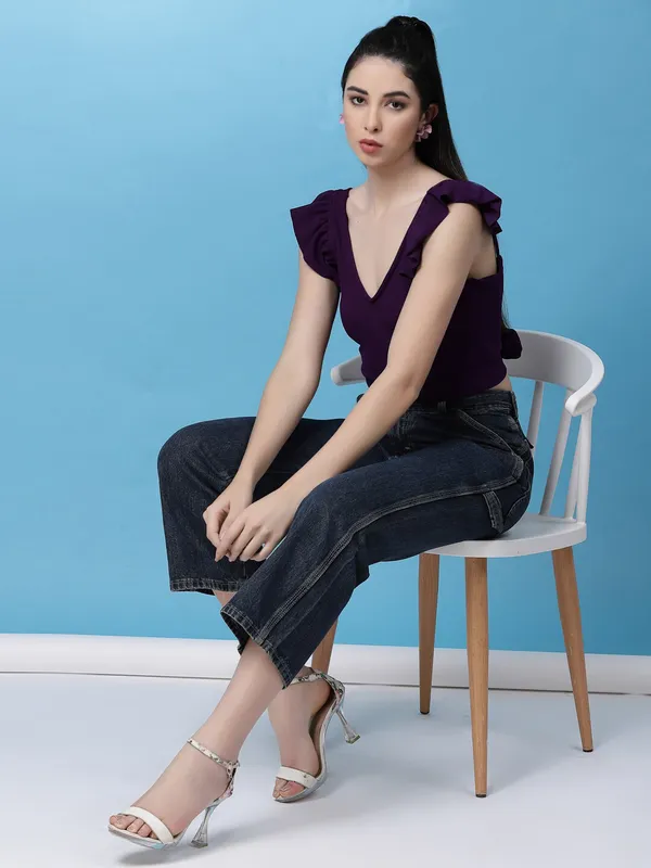 Purple_Womens_Polyester_Crop_Top_V_Neck