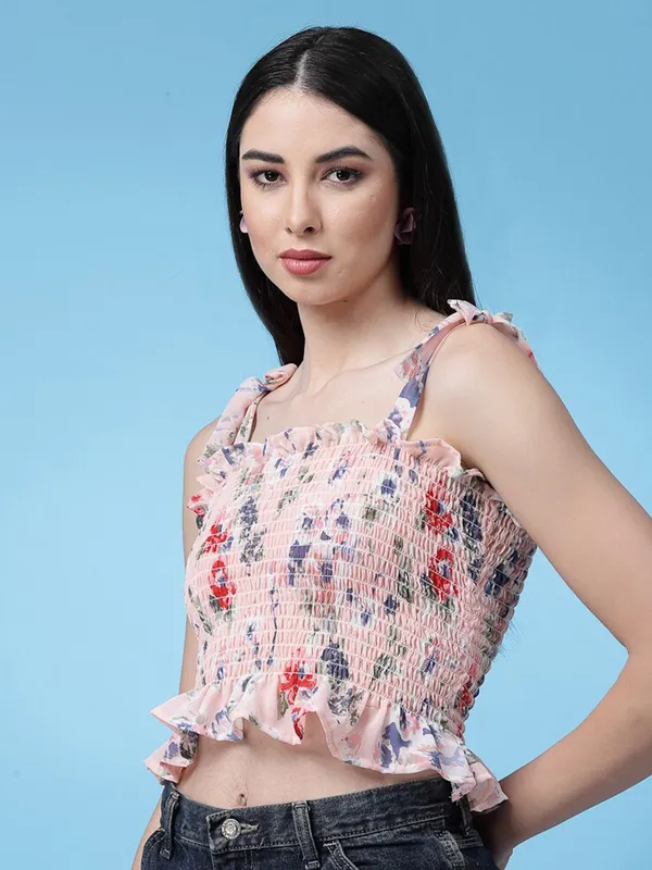 Candlelight_Orange_Floral_Printed_Smocked_Crop_Fitted_Top