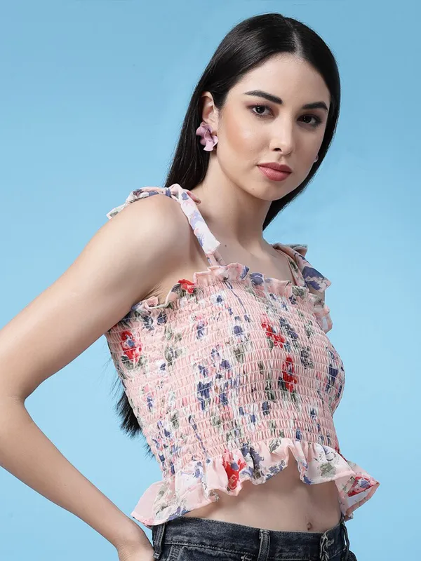 Candlelight_Orange_Floral_Printed_Smocked_Crop_Fitted_Top