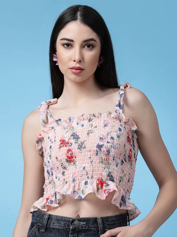 Candlelight_Orange_Floral_Printed_Smocked_Crop_Fitted_Top