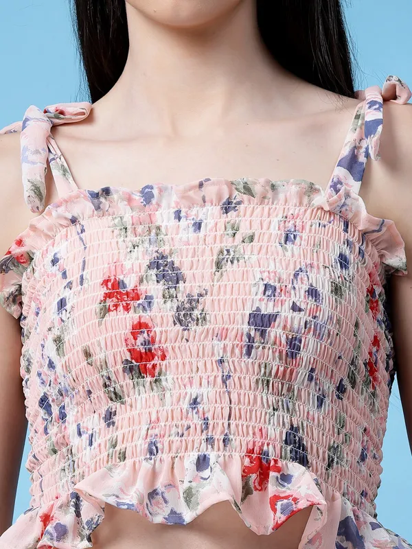Candlelight_Orange_Floral_Printed_Smocked_Crop_Fitted_Top