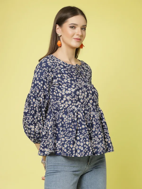 Navy_Blue_Women_Floral_Print_Peplum_V_Neck_Tunic_Top