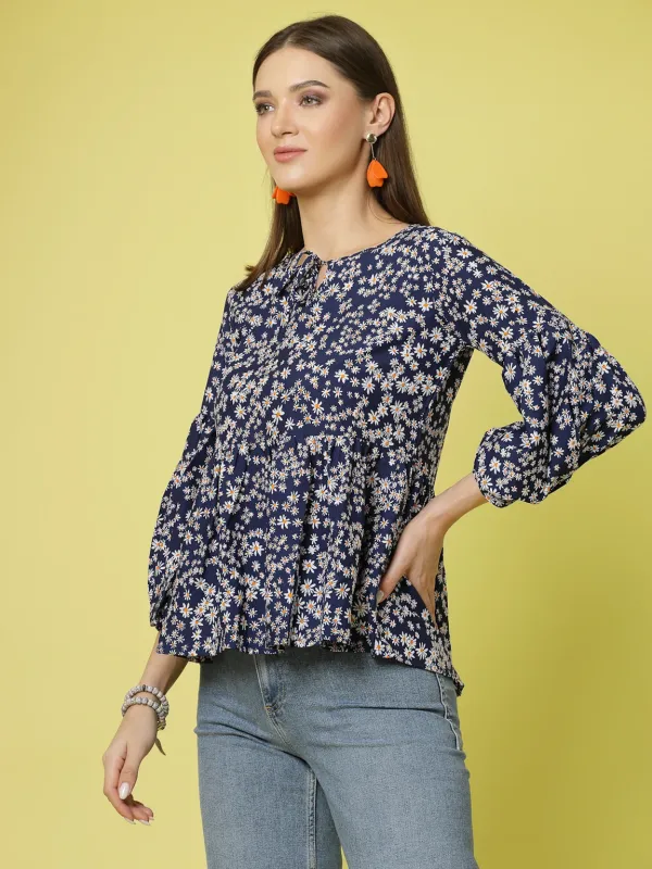 Navy_Blue_Women_Floral_Print_Peplum_V_Neck_Tunic_Top