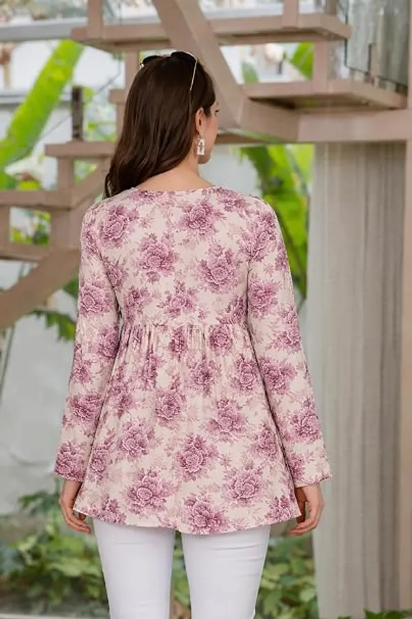 Pink_Women_Floral_Print_Peplum_V_Neck_Tunic_Top