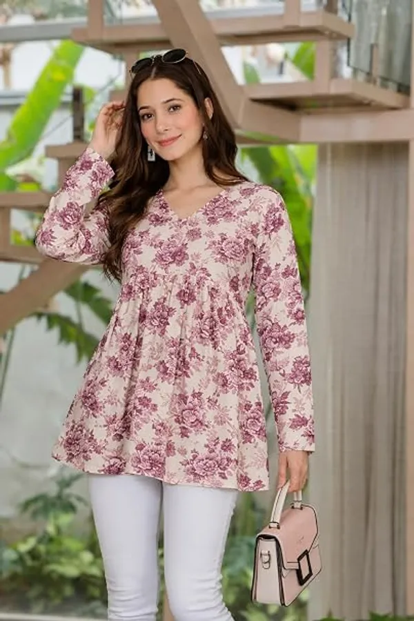 Pink_Women_Floral_Print_Peplum_V_Neck_Tunic_Top