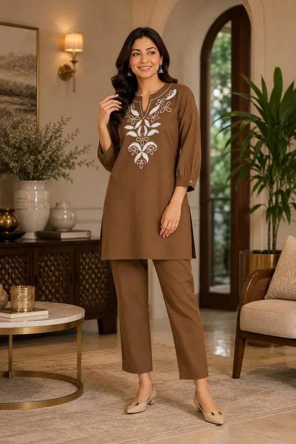Brown_Cotton_Kurta_Pant_Set_For_Women