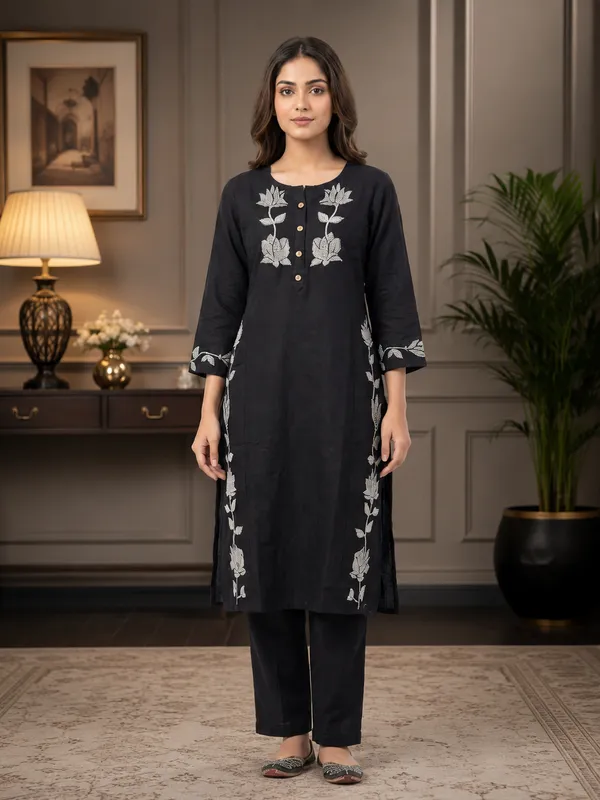 Black_Khadi_Cotton_Kurta_Pant_Set_For_Women