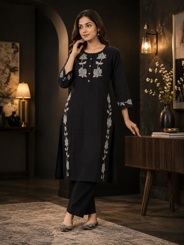 Black_Khadi_Cotton_Kurta_Pant_Set_For_Women