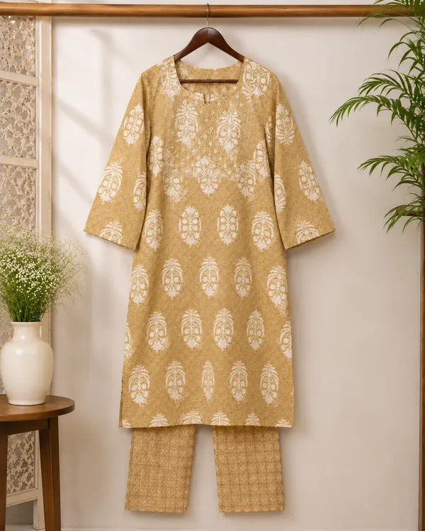 Beige_Cotton_Kurta_Pant_Set_For_Women