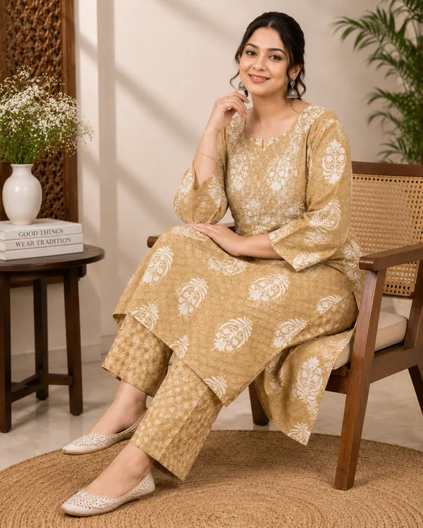 Beige_Cotton_Kurta_Pant_Set_For_Women